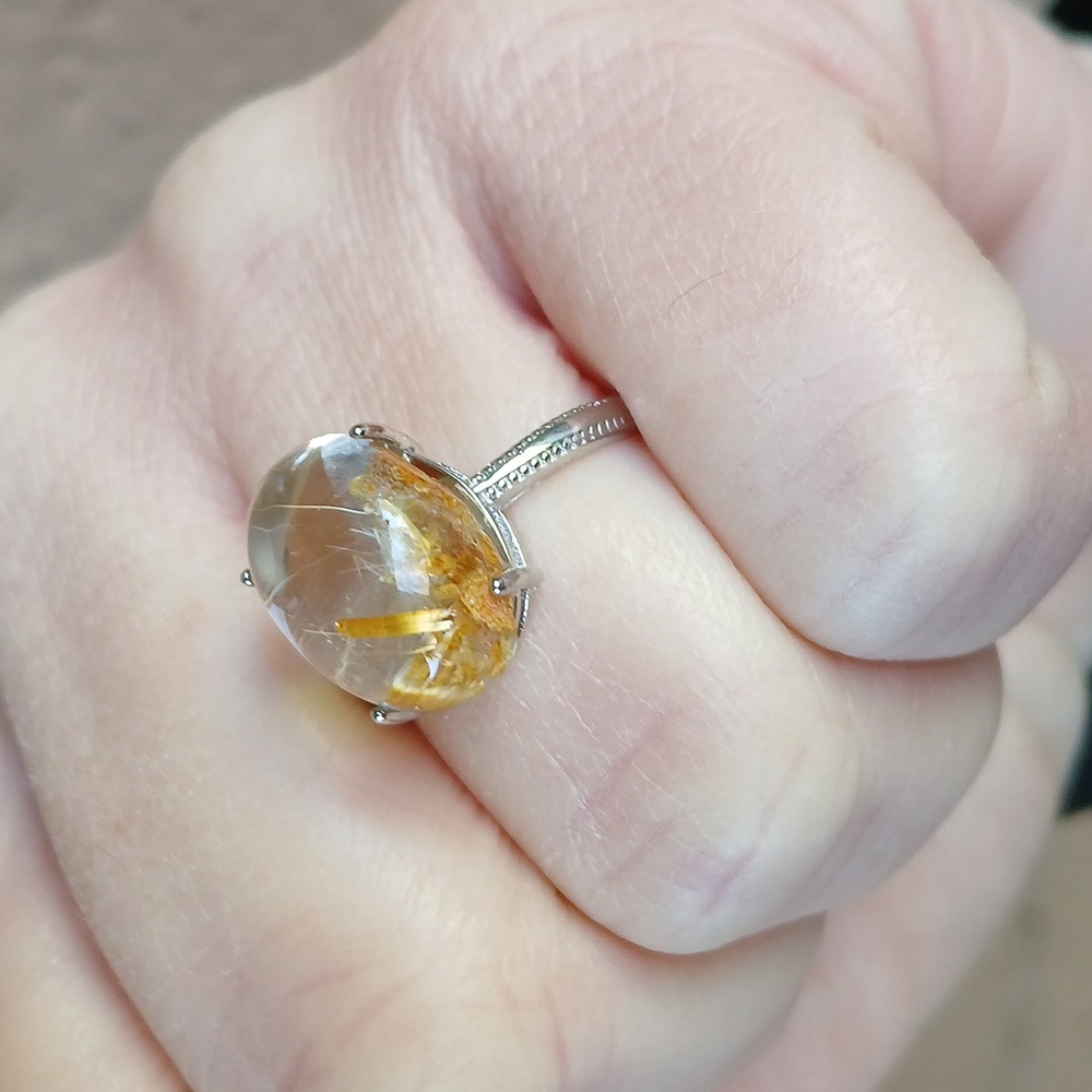New Golden Rutile Quartz Adjustable 925 Silver Ring. 